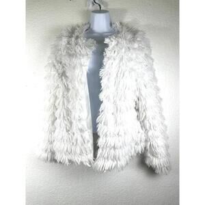 Y2K White Shag Faux Fur Jacket M Festival Glam Mob Wife Shaggy Coat Winter